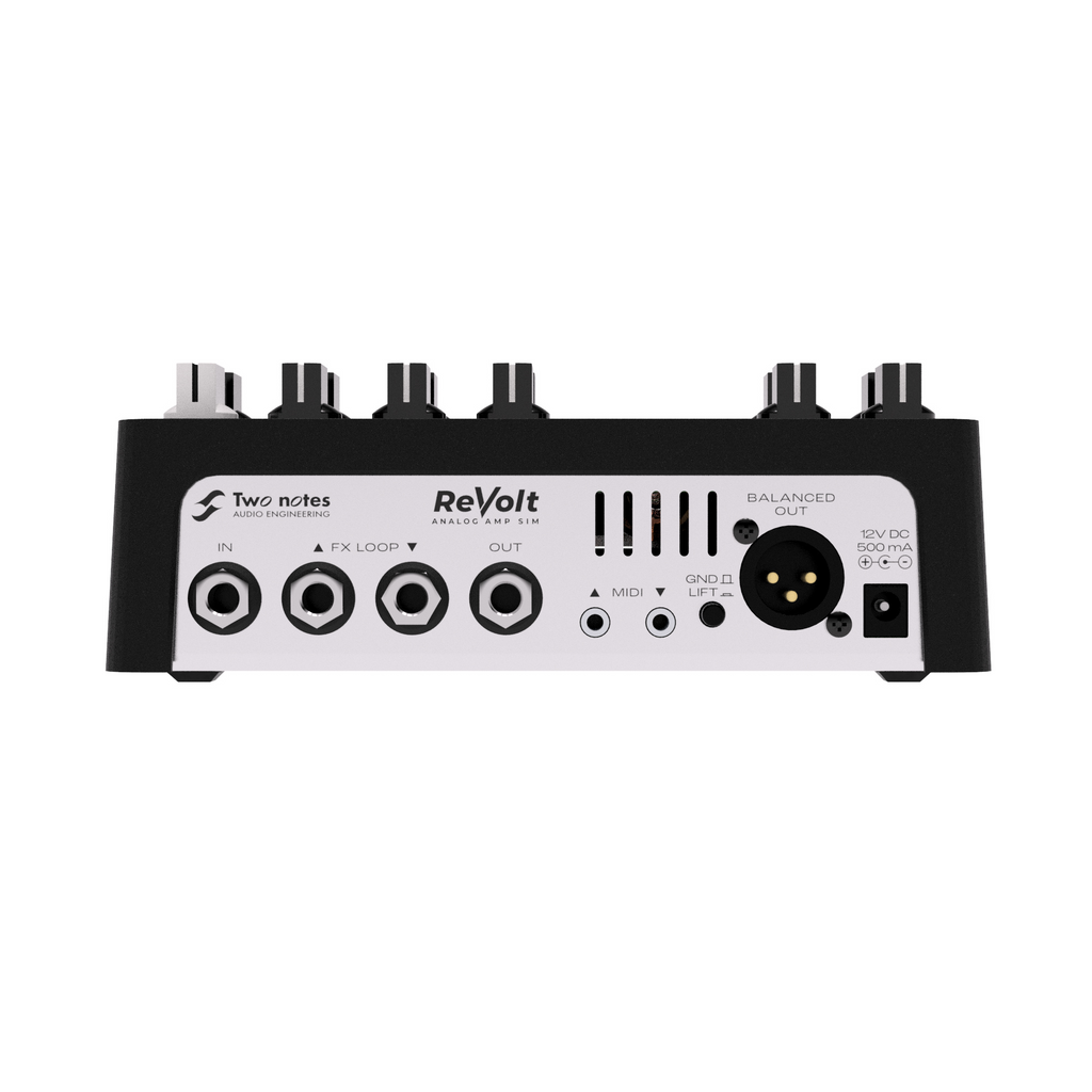 Two Notes Revolt Bass 3-channel pedal-format bass amplifier with control knobs and input/output jacks, designed for professional bass sound.