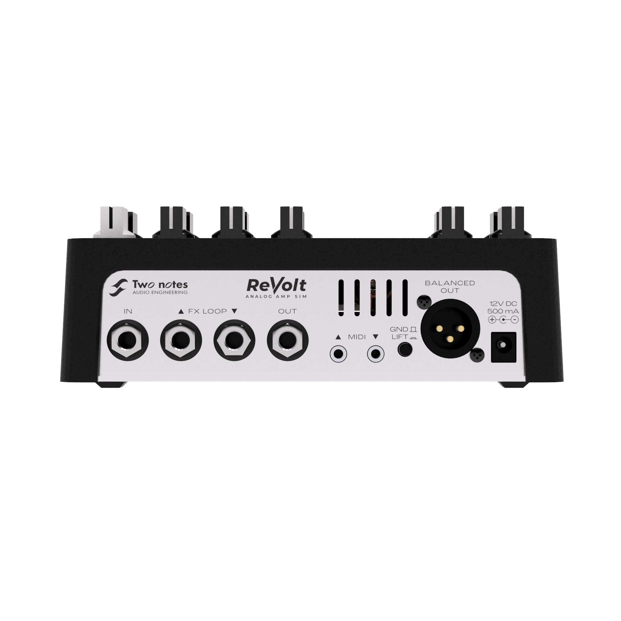 Two Notes Revolt Bass 3-channel pedal-format bass amplifier with control knobs and input/output jacks, designed for professional bass sound.