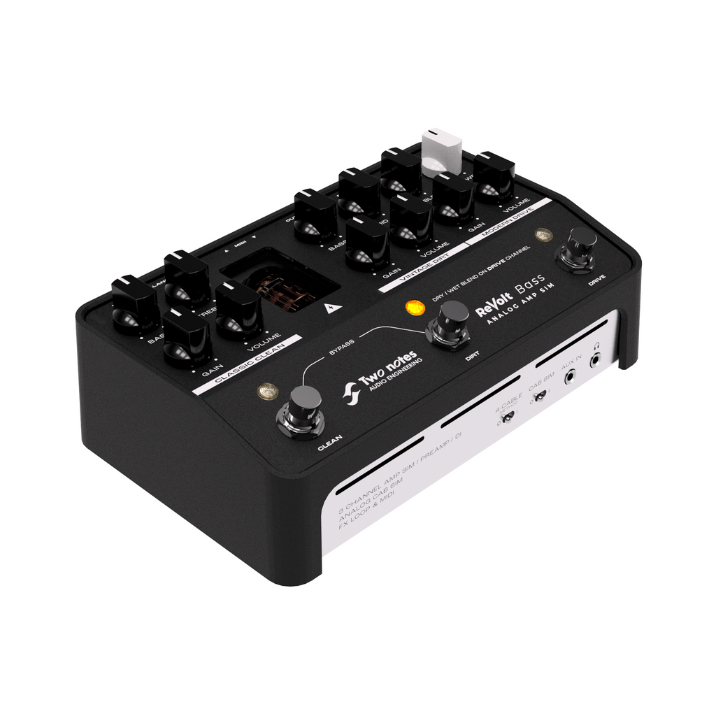 TWONOTES Two Notes Revolt Bass 3-channel pedal-format amplifier with control knobs and input/output jacks in a compact design.