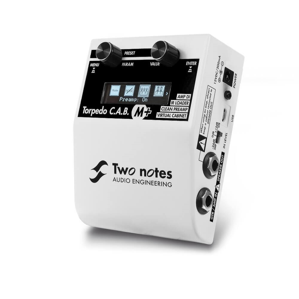 Two Notes Torpedo C.A.B. M+ guitar cabinet simulator effects pedal with interface and controls visible in the image.