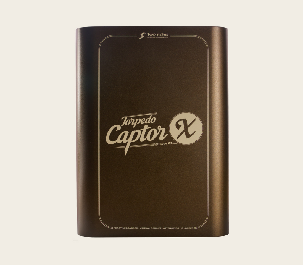 Two Notes Torpedo Captor X8 SE effects pedal showing knobs and input/output jacks on a black pedal surface.