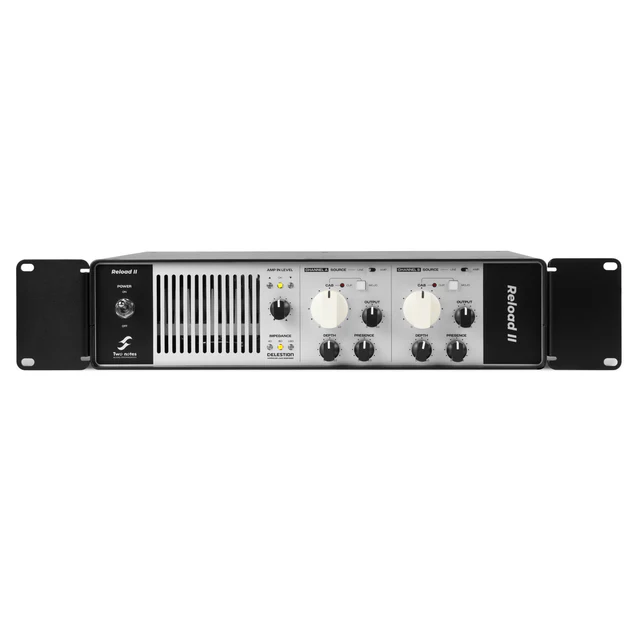 Two Notes Reload II multi-impedance reactive load box for guitar amplifiers, featuring control knobs and connection ports.