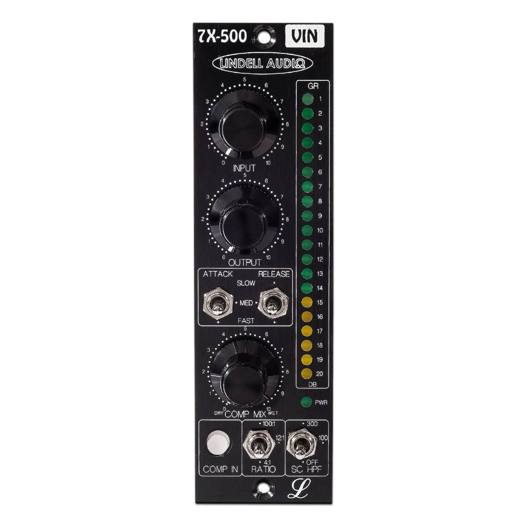 Lindell Audio 7X-500VIN studio preamp with sleek design and controls, perfect for professional audio processing.