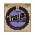 D'Addario EJ44 Pro-Arte nylon classical guitar strings with extra hard tension, shown on a classical guitar.