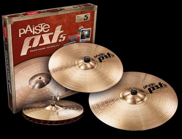 Paiste PST 5 Rock cymbal pack featuring 14" Sound Edge Hi Hats, 16" Crash, and 20" Ride cymbals on a display.