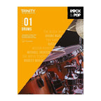 Trinity College London Rock & Pop Drums Grade 1 book featuring vibrant cover and instructional content for beginner drummers.