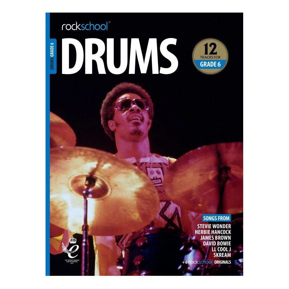 Rockschool Drums Grade 6 book from 2018-2024, featuring instructional drum sheet music and exercises for intermediate drummers.