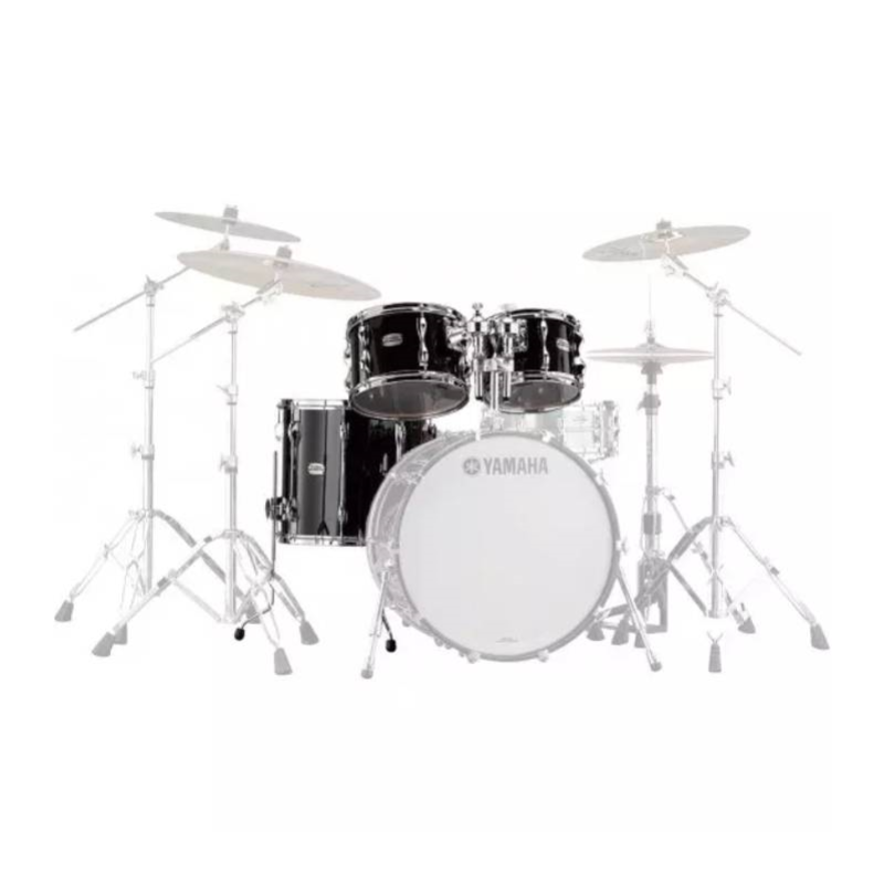 Yamaha Recording Custom 10/12/16 tom pack in solid black finish, showcasing three drums with a sleek design.
