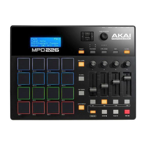 AKAI MPD226 drum machine hybrid with 16 pads, showcasing its sleek design and control features in a studio setting.
