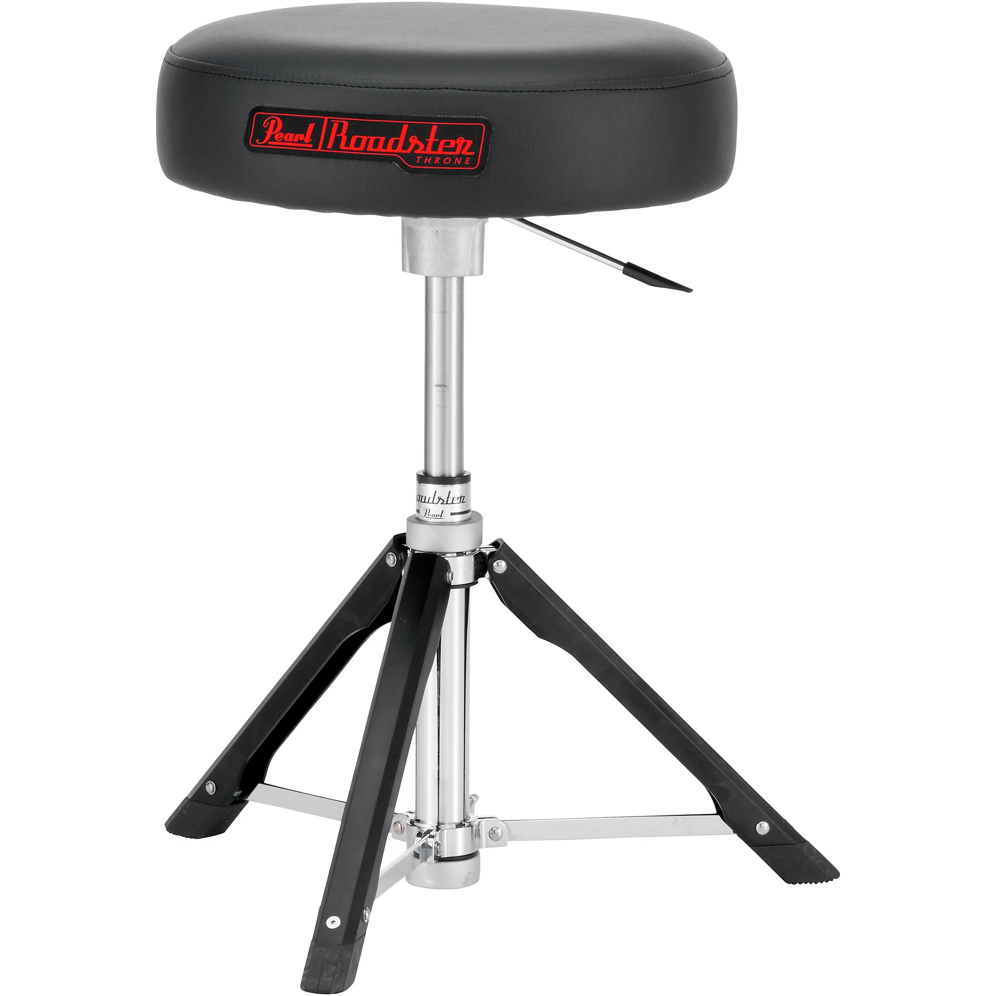 Pearl 15" gas lift drum throne with round red cloth seat and red gas lift base, showcasing comfortable design and sturdy build.