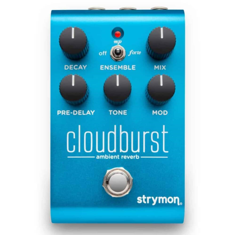 Strymon Cloudburst ambient reverb guitar effect pedal with control knobs and input/output jacks, used for creating spacious soundscapes.