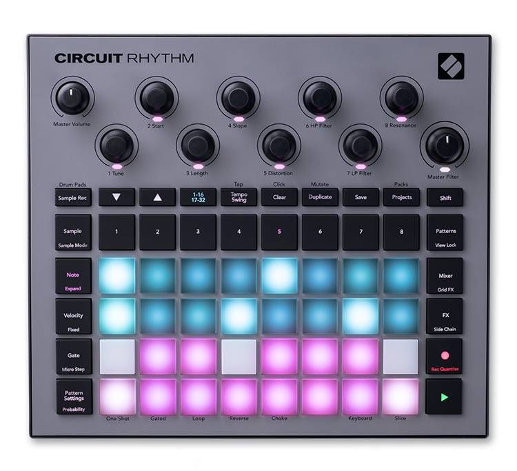 Novation Circuit Rhythm groovebox featuring a sleek design with pads, knobs, and display for music production.