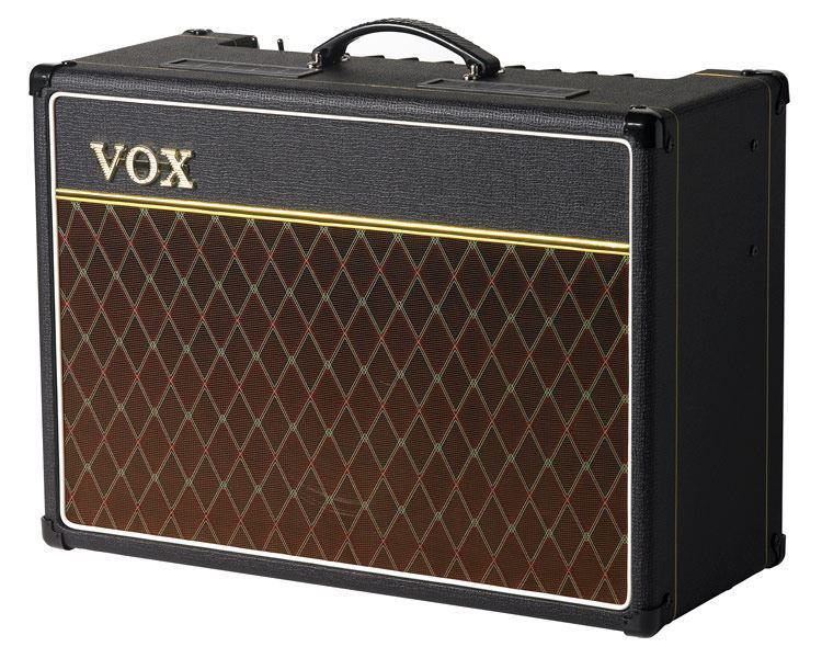 Vox AC15C1 Custom 1x12" 15W tube guitar amplifier with reverb, featuring a black control panel and vintage design elements.