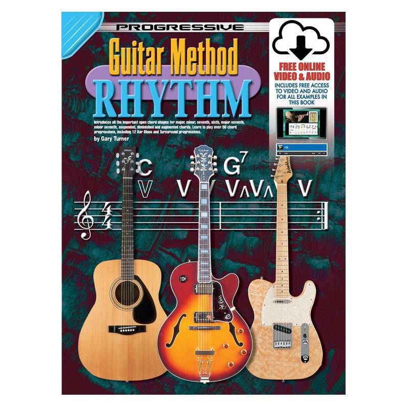 Progressive KPGMRX Guitar Method Rhythm Book by Learn To Play Books, showing pages and online media access for guitar practice.