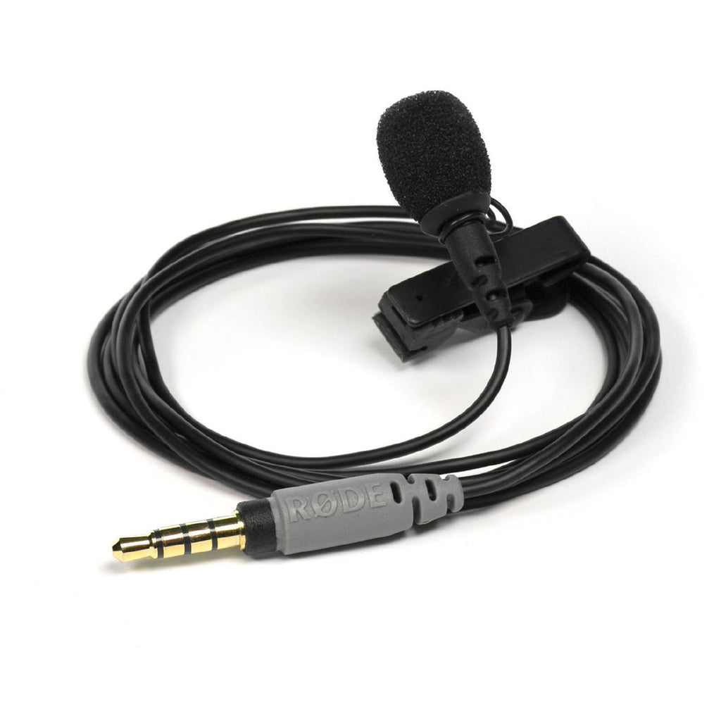 Rode SmartLav+ Lavalier Microphone for smartphones, featuring a compact design and clip for easy attachment.