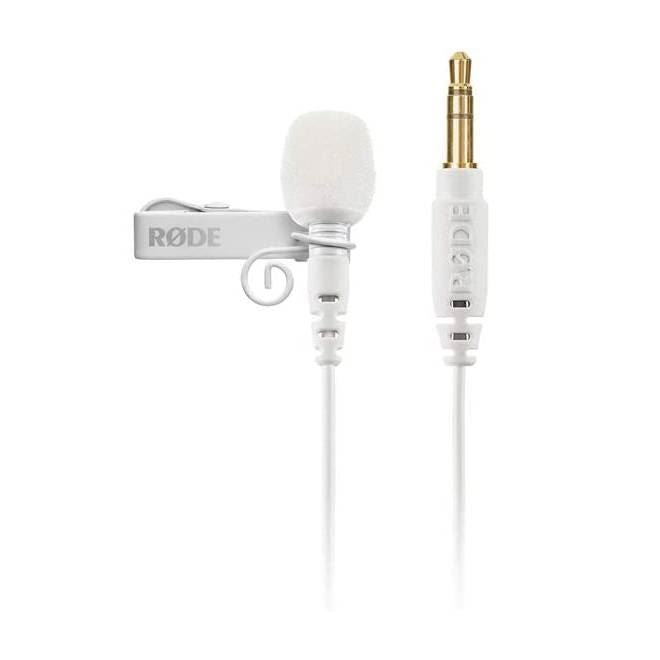 Rode Lavalier GO microphone in white, featuring compact design and clip for easy attachment to clothing.