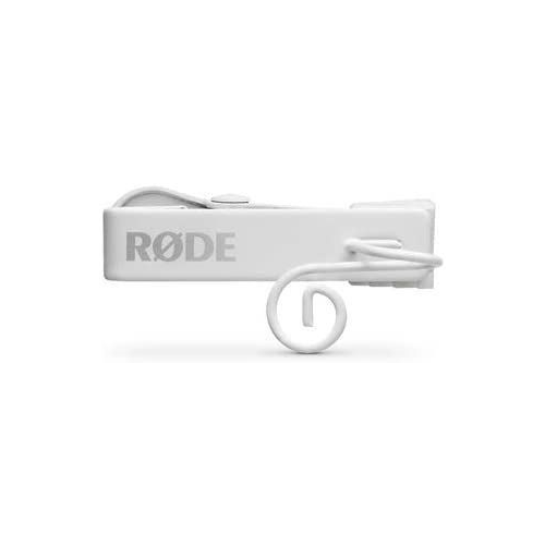 Rode Lavalier GO microphone in white, featuring a sleek design and compact clip for easy attachment to clothing.