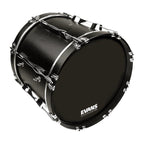 Evans 18-inch black marching bass drum head with a smooth surface and sturdy design for orchestral percussion.