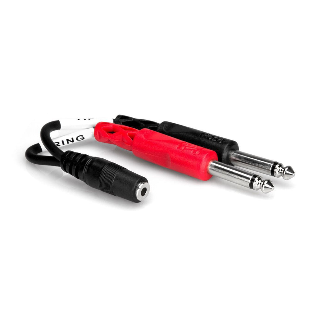 Hosa YMP-434 3.5mm TRS to dual 1/4-inch TS breakout cable for audio connections, showing the connectors and cable details.