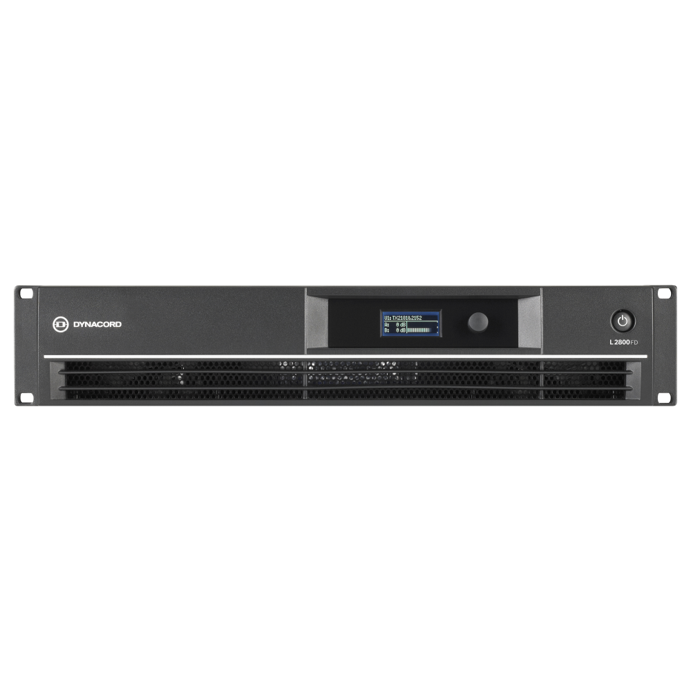 Dynacord L2800FD Power Amplifier with dual 1400 watts output, showcasing sleek design and robust connections.