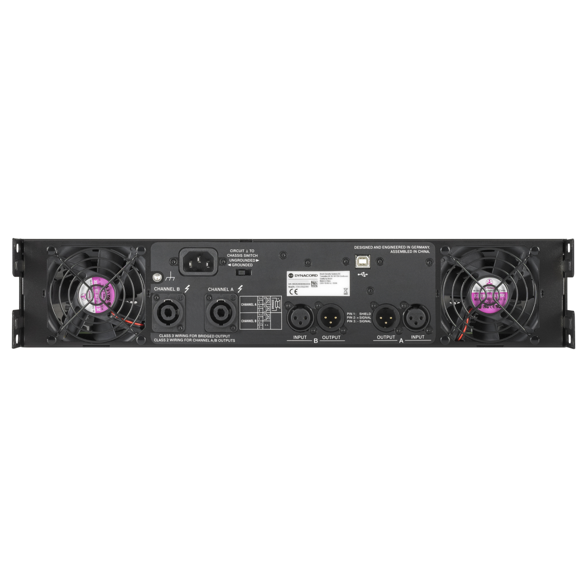 Dynacord L2800FD power amplifier with dual outputs and 1400 watts per channel, showcasing its robust design and connections.