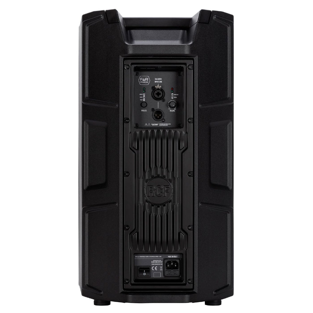 RCF ART 910-A 2100W 10-inch powered PA speaker showing the black speaker with control panel and sturdy stand mount.