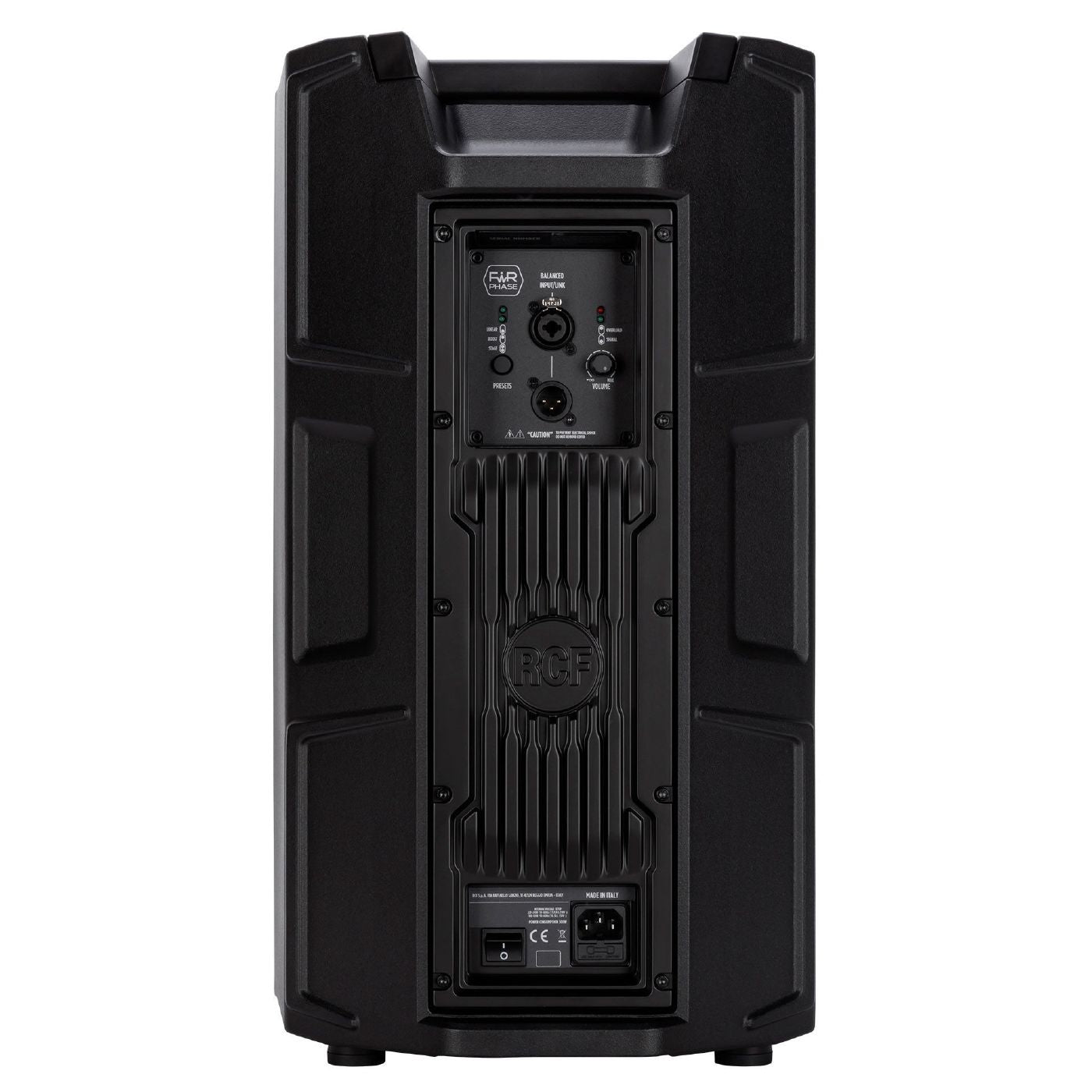 RCF ART 910-A 2100W 10-inch powered PA speaker showing the black speaker with control panel and sturdy stand mount.