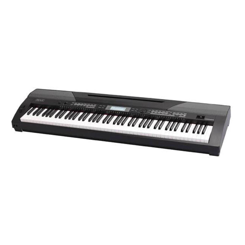 Beale Stage Performer 1000 Digital Piano in black, showcasing keys and control panel on a stage setting.