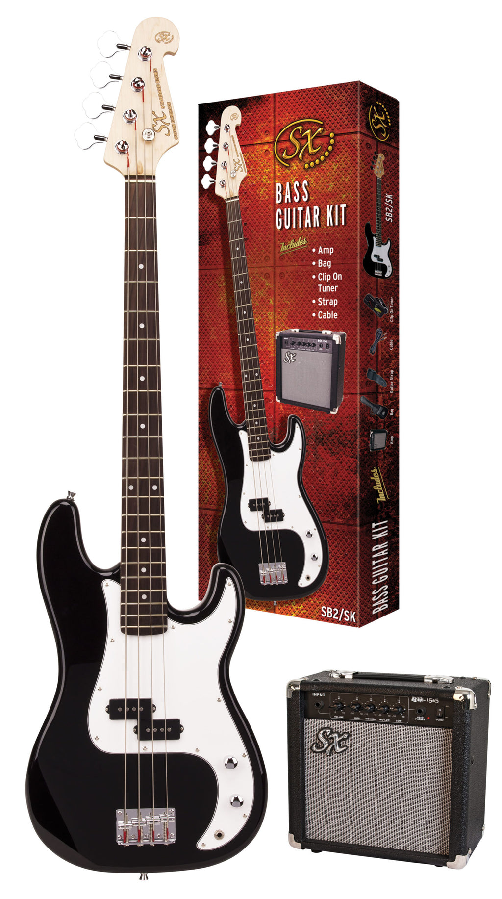SX PB Style bass guitar and amp pack in black, featuring a bass guitar with sleek finish and matching amplifier.