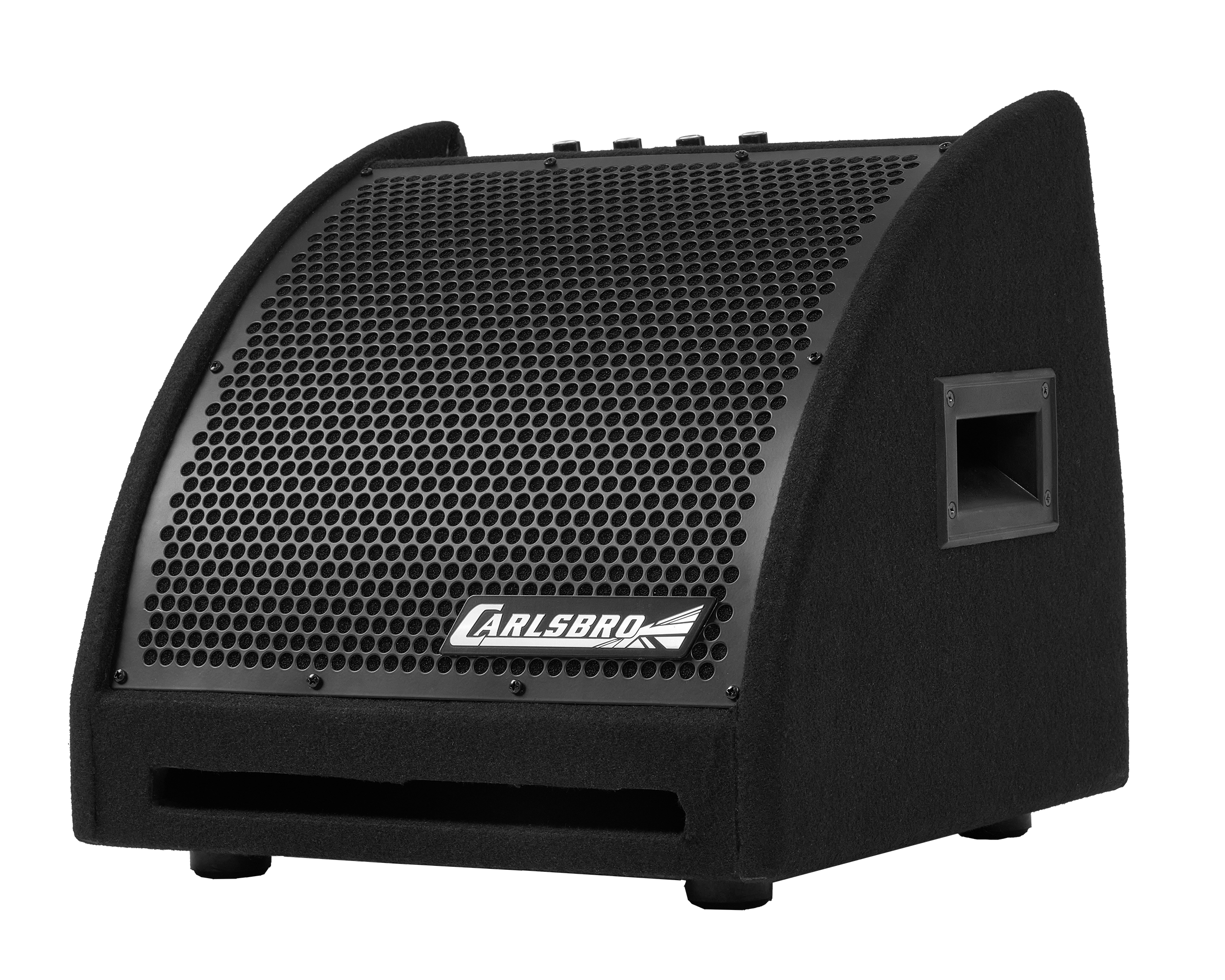 Carlsbro drum monitor amplifier with Bluetooth connectivity, compact design, and control knobs for professional drum sound monitoring.