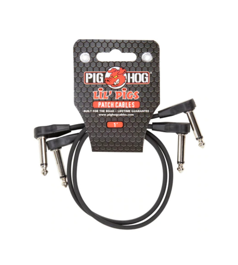 Pig Hog Lil' Pigs low profile 1ft guitar patch cables, 2-pack, with black connectors and flexible cable for easy instrument connections.