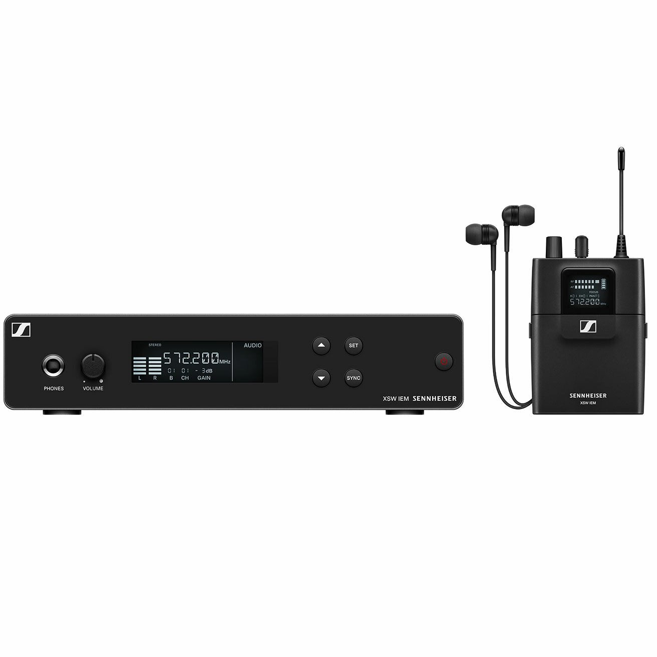 Sennheiser XSW IEM System C in-ear headphones with wireless transmitter and receiver, frequency range 662-686 MHz.