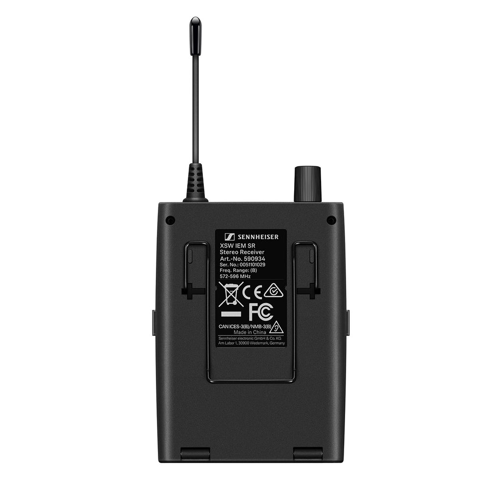 Sennheiser XSW IEM System C in-ear headphones with black ear tips and compact transmitter for professional audio monitoring.