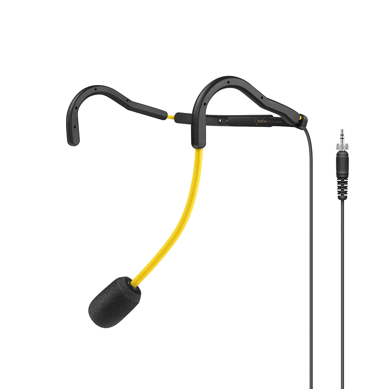 Sennheiser HT 747 yellow fitness headset mic with adjustable boom and ear loop for clear audio during workouts.