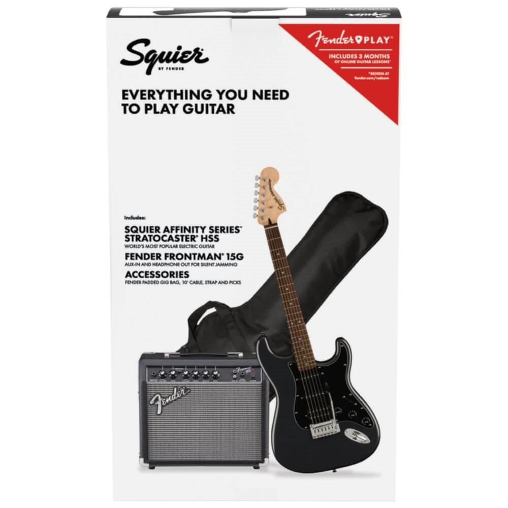 Squier Affinity Stratocaster HSS Pack with Fender Frontman 15G Amplifier and Accessories - Charcoal Frost Metallic