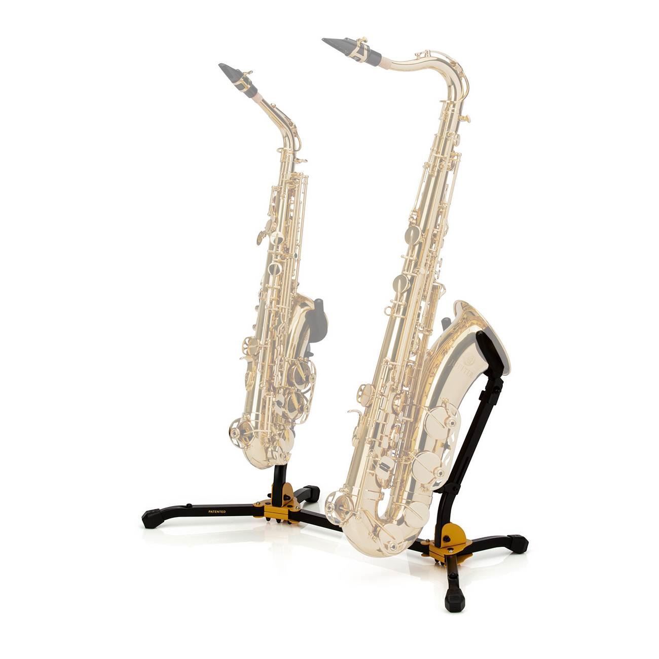 Hercules DS537B duo alto and tenor saxophone stand made of brass and woodwind accessories, supporting saxophones securely