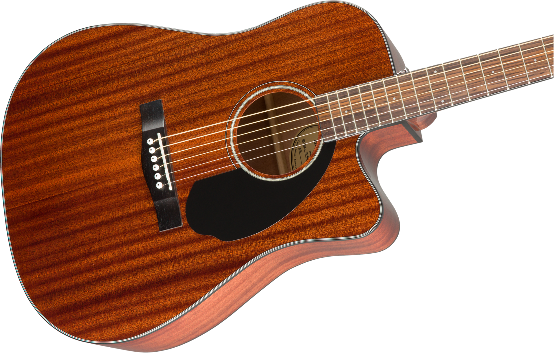 Fender CD-60SCE dreadnought acoustic guitar with all-mahogany body and walnut fingerboard, showcasing its rich wood grain and elegant design.