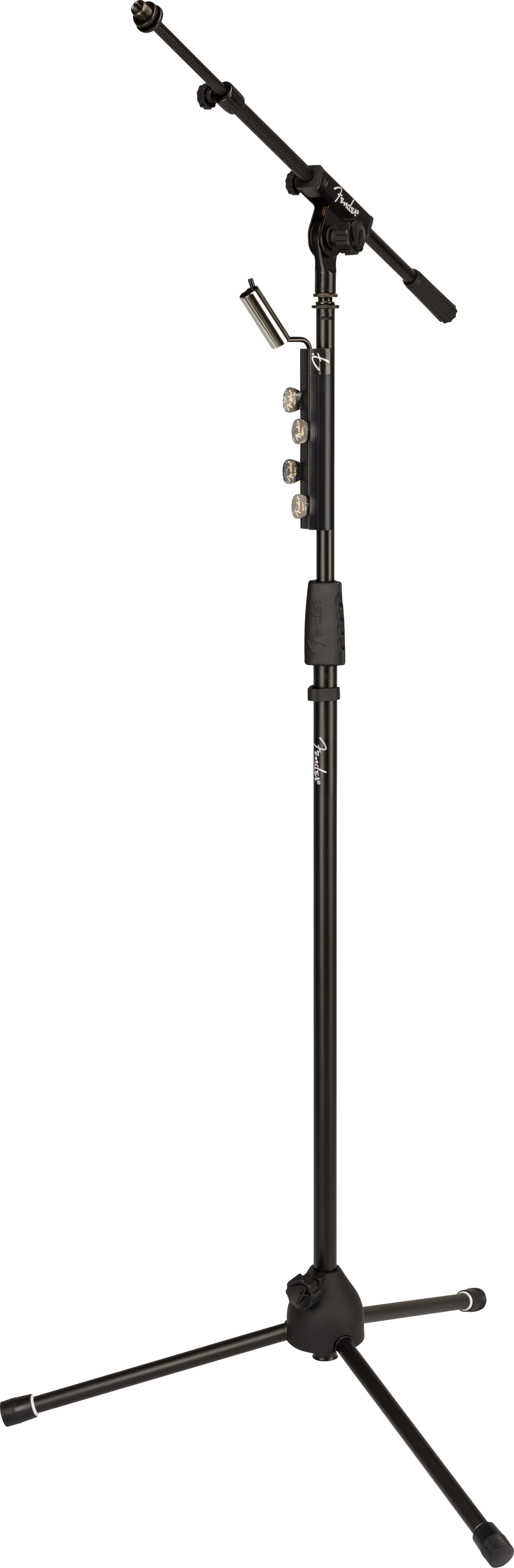 Fender telescoping boom microphone stand with adjustable height and sturdy base, ideal for stage and studio use.