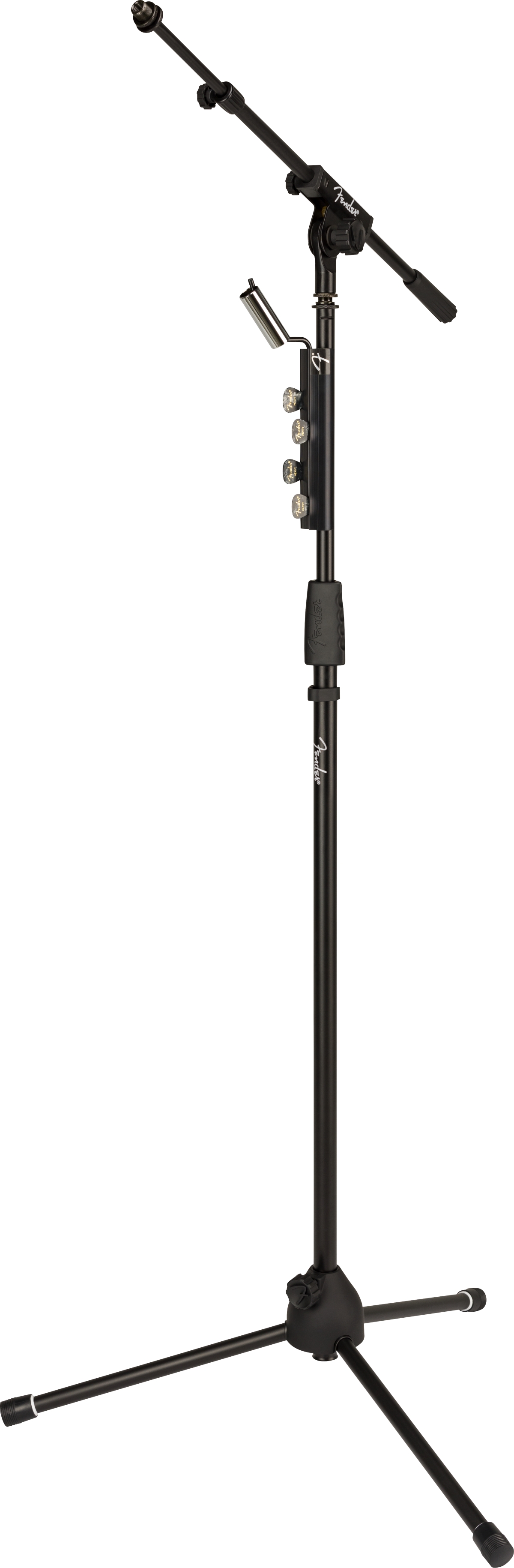 Fender telescoping boom microphone stand with adjustable height and sturdy base, ideal for stage and studio use.