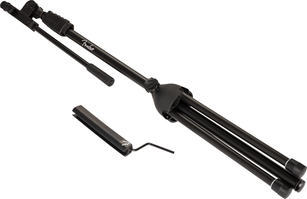 Fender telescoping boom microphone stand with adjustable height and sturdy base for professional audio setups.