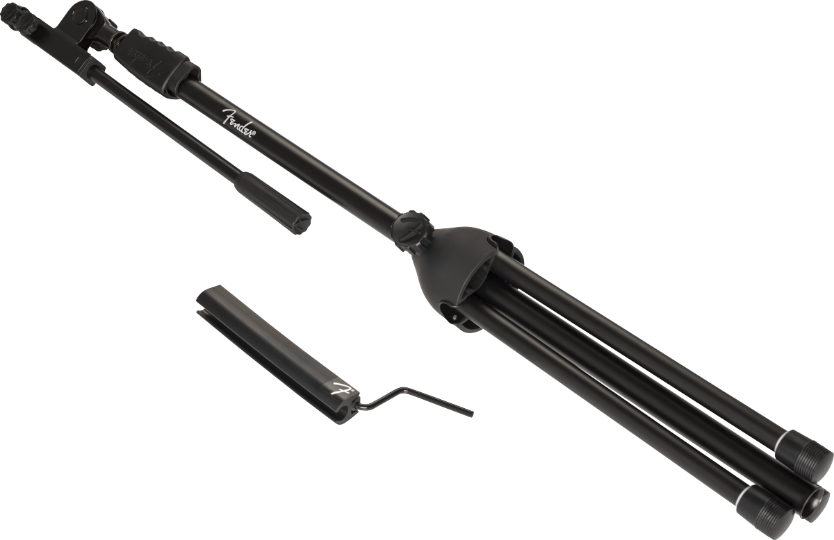 Fender telescoping boom microphone stand with adjustable height and sturdy base for professional audio setups.