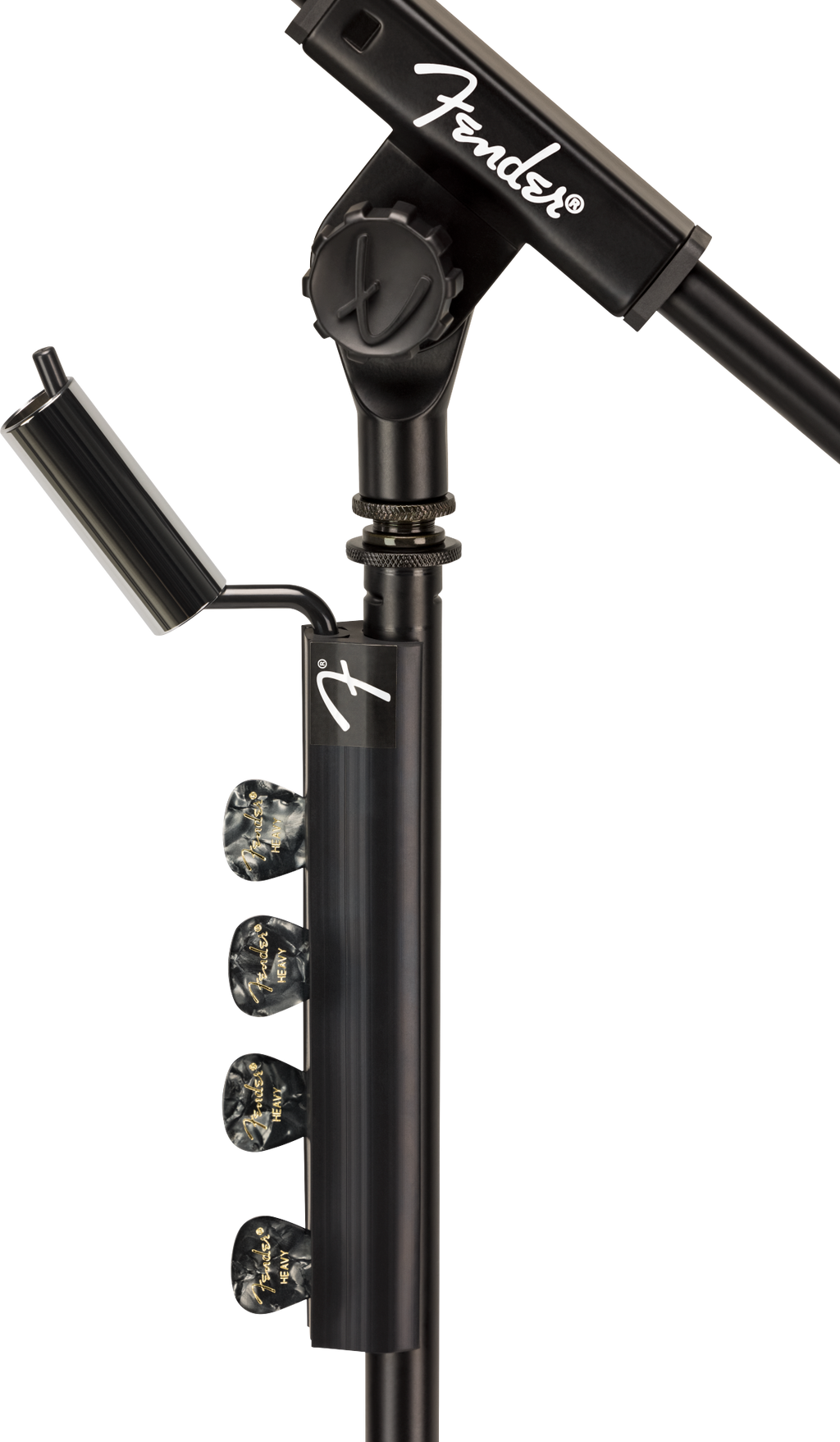 Fender telescoping boom microphone stand with adjustable arm and sturdy tripod base, suitable for live performances and studio use.
