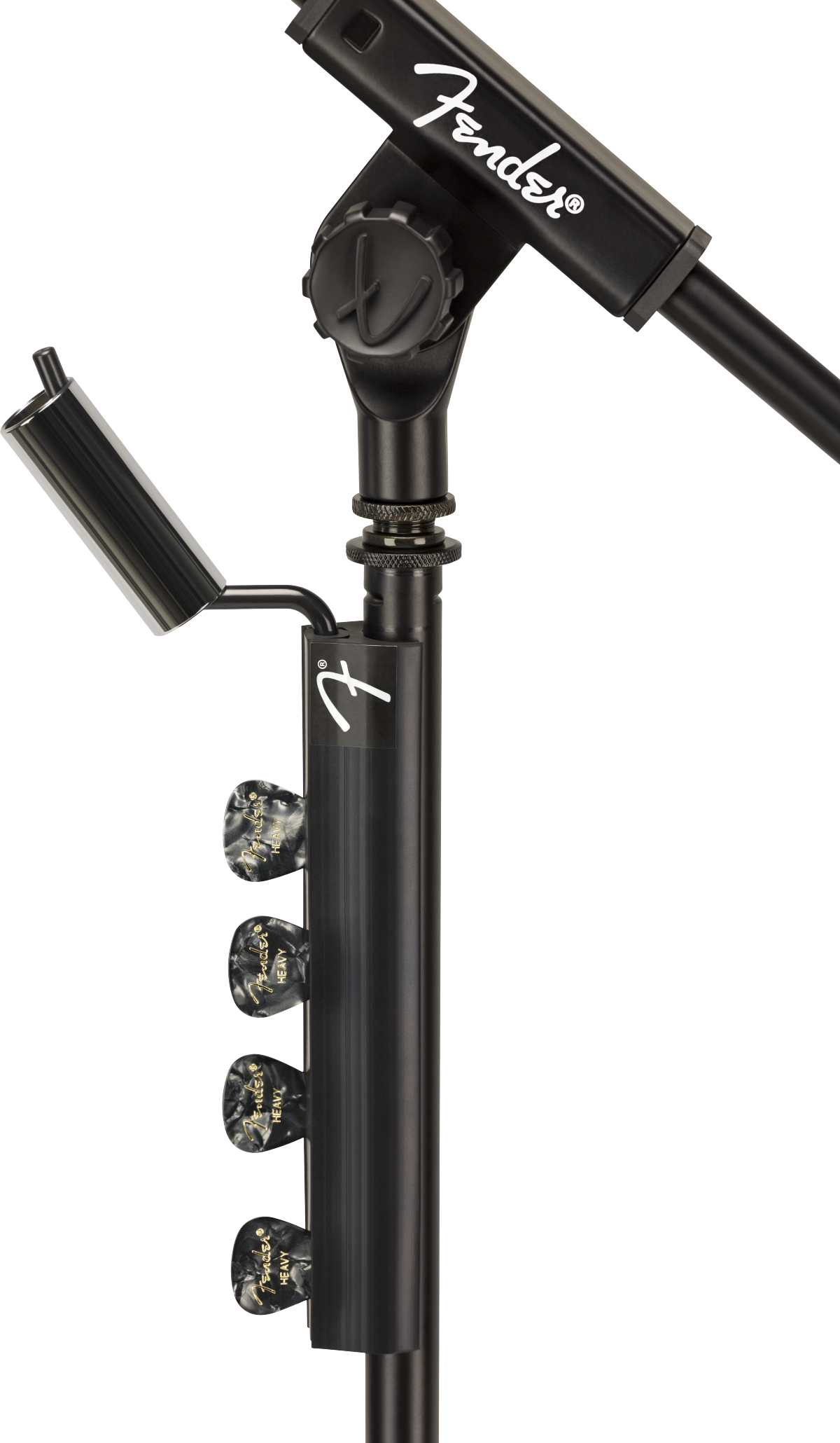 Fender telescoping boom microphone stand with adjustable arm and sturdy tripod base, suitable for live performances and studio use.