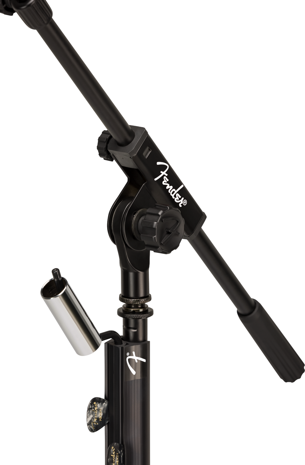 Fender telescoping boom microphone stand with adjustable arm and sturdy base, ideal for live performances and studio use