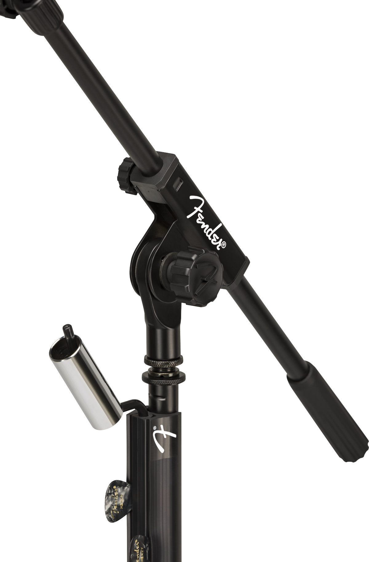 Fender telescoping boom microphone stand with adjustable arm and sturdy base, ideal for live performances and studio use