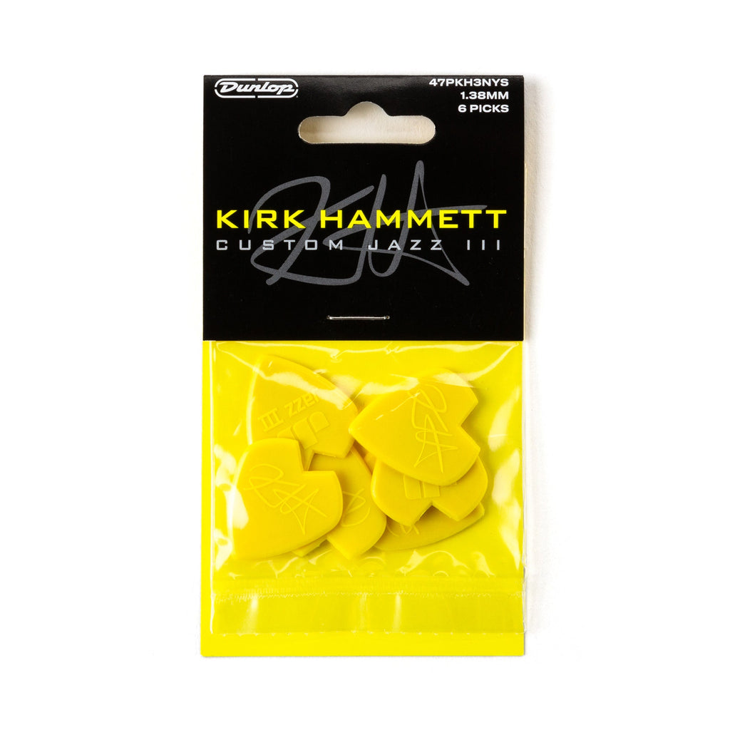 Jim Dunlop Kirk Hammett Custom Jazz III guitar pick in a pack, featuring a sleek black design and sharp tip for precise playing.