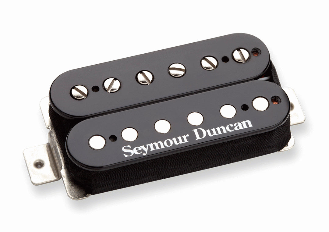 Black Seymour Duncan SH-6N Duncan Distortion guitar pickup with detailed coil design and mounting hardware.