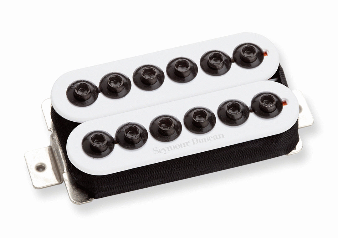 Seymour Duncan SH-6B Invader guitar pickup in white, showing its large rectangular shape and mounting hardware for electric guitar.