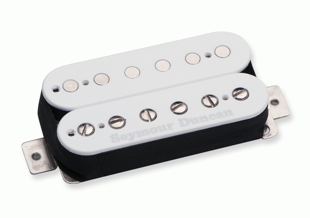 Seymour Duncan Pearly Gates SH-PG1B guitar pickups in white, showing close-up of the pickups with branding and wiring details.