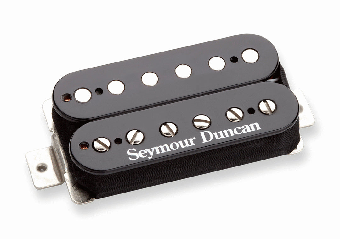 Black Seymour Duncan TB-6 Duncan Distortion Trembucker pickup mounted on guitar, showcasing its humbucker design and high-output construction.